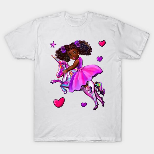 Black princess dress riding a unicorn pony horse. African American girl T-Shirt by Artonmytee